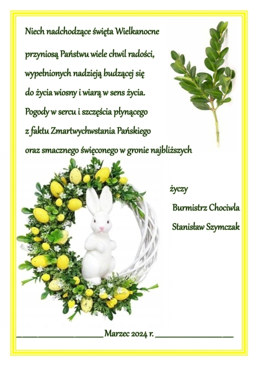 Życzenia Burmistrza Chociwla na Wielkanoc